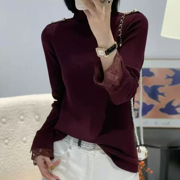 [ W i F i ]2556欧货蕾丝拼接喇叭袖高领针织打底衫