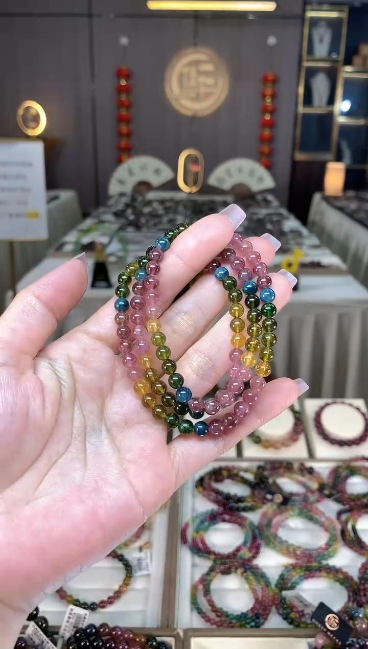 未镶嵌冰透体老矿碧玺彩虹三圈手串5mm+碧玺hon多样性发一条