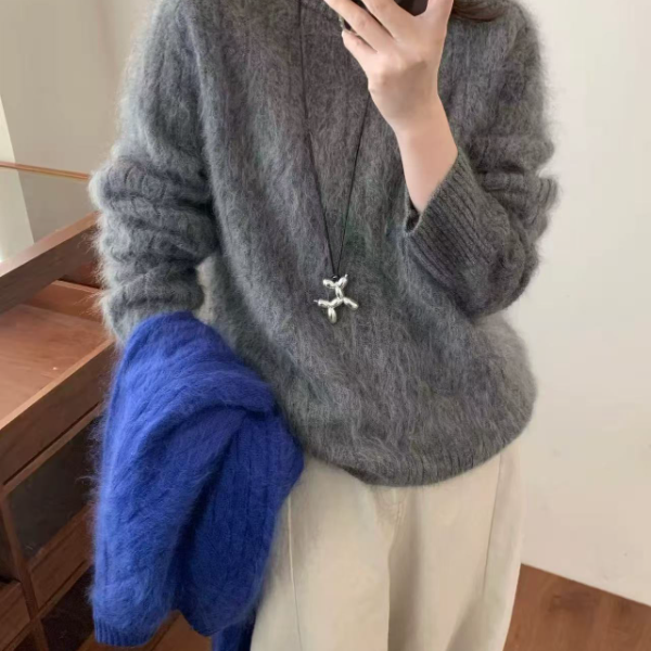 7021【九炫女装】新款高级设计感圆领纯色时尚百搭拉绒工艺上衣