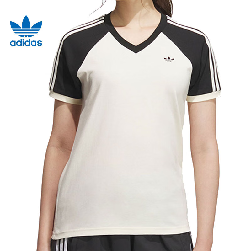 adidas/阿迪达斯三叶草百搭运动V领拼色短袖插肩袖T恤女款KF0316
