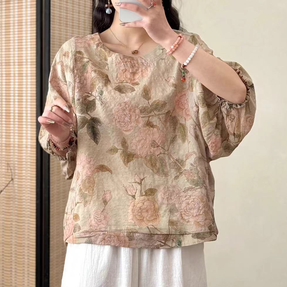 11113新款夏季优雅减龄宽松碎花复古T恤