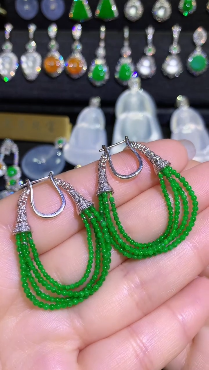 【闪购商品】翡翠耳饰18K金镶嵌高冰满绿圆珠流苏 耳坠 