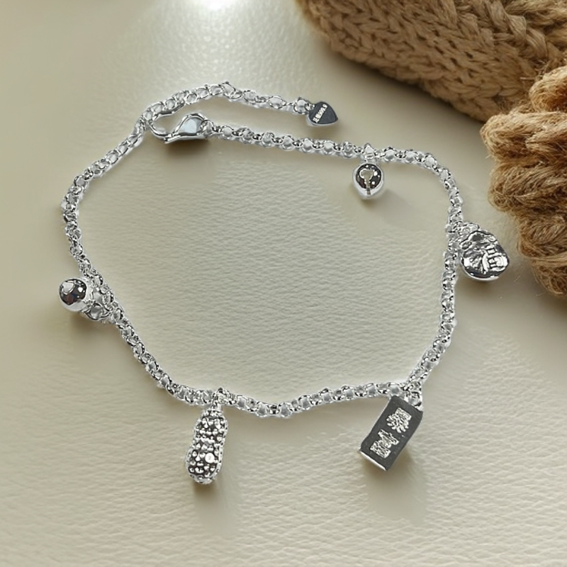 足银脚链 好事发生福袋铃铛设计脚链