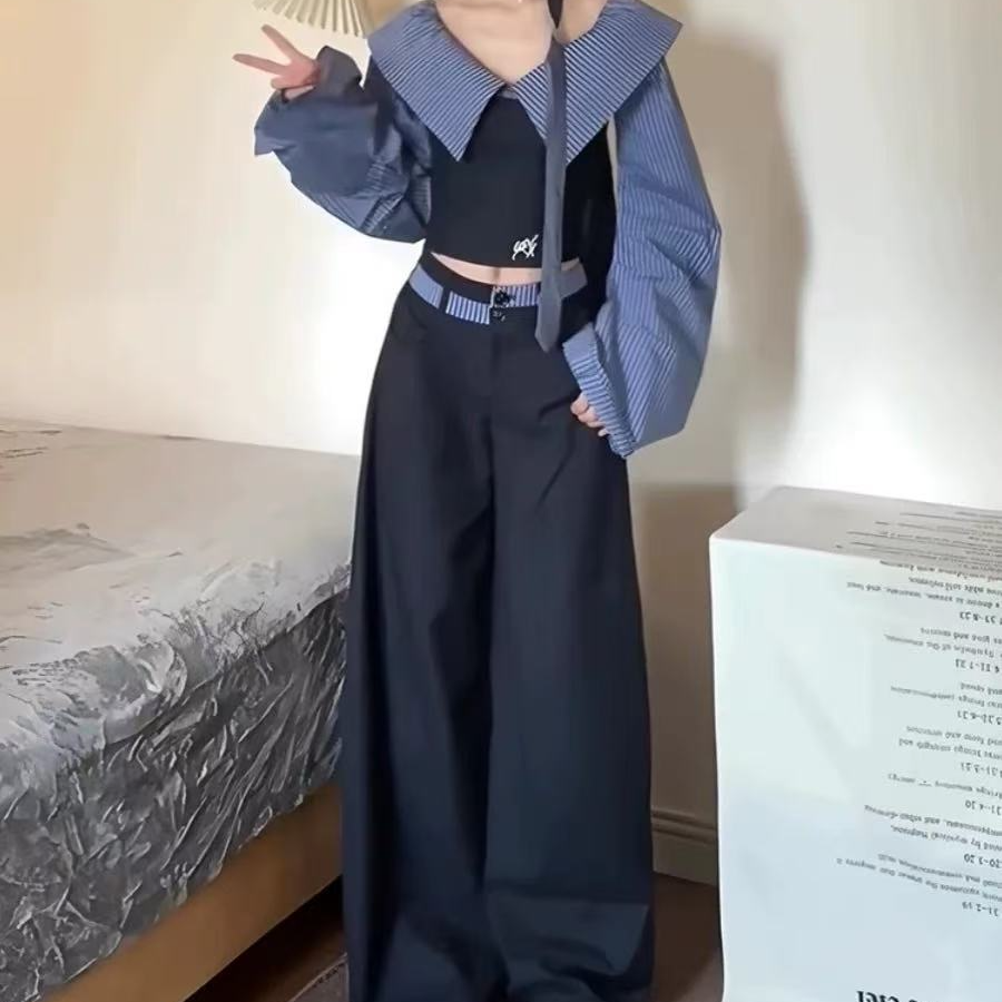 复古撞色一字肩条纹拼接显瘦衬衫女春季学院风休闲阔腿裤两件套装