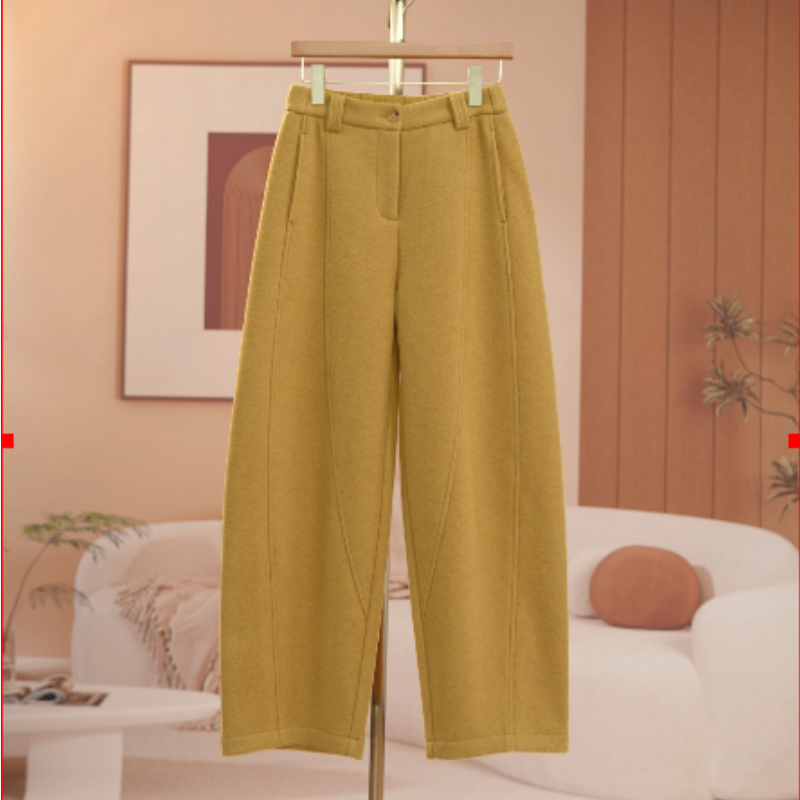 高端精致羊毛呢弯刀裤女2025秋冬季新款加绒加厚垂感慵懒风休闲裤