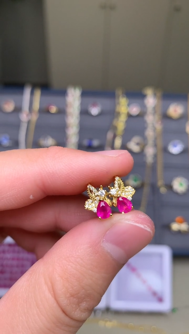 银S925镶嵌耳饰红宝石耳饰