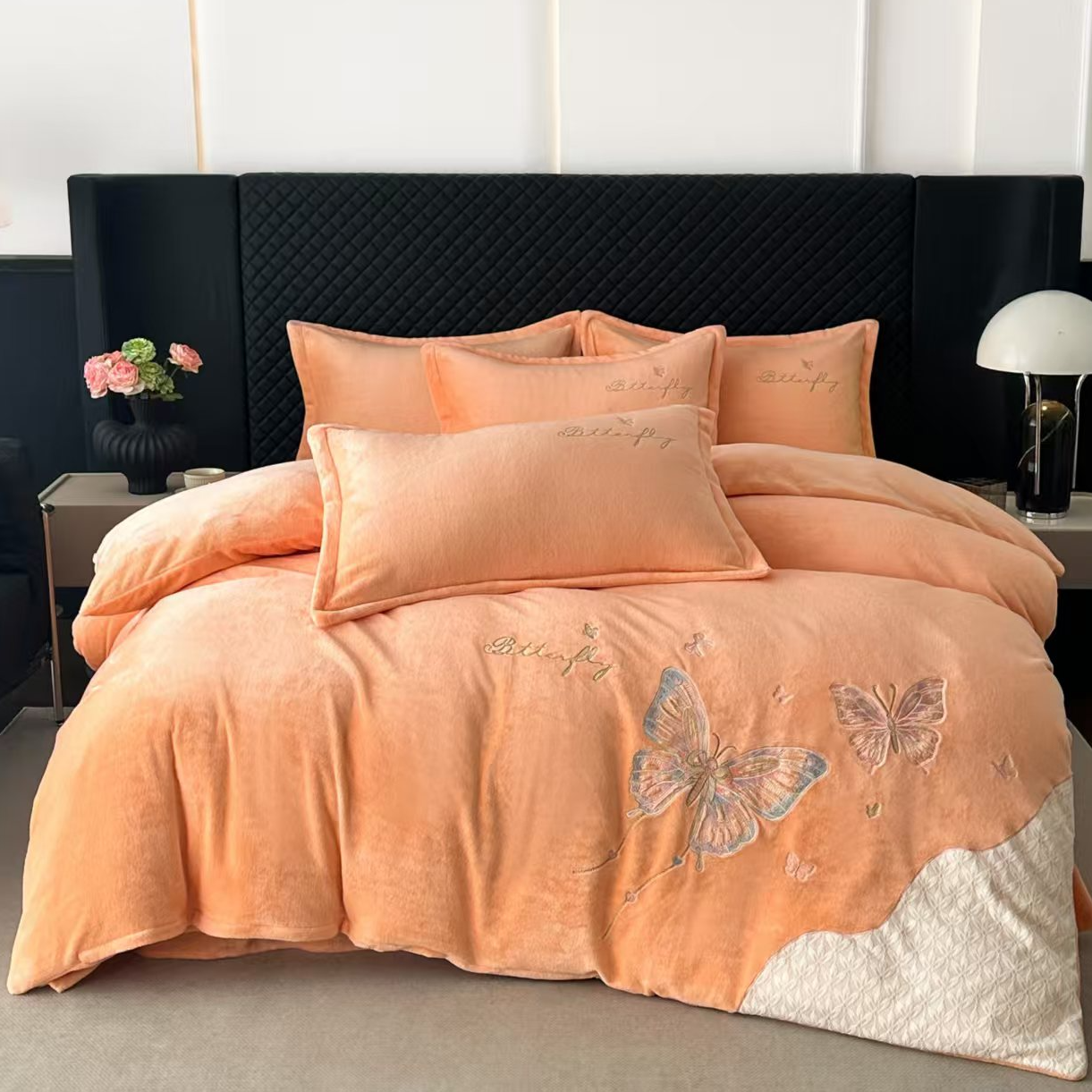 【蝶舞】轻奢绣花牛奶绒加绒四件套加厚刺蕾丝绣花绒被套毛绒床单5