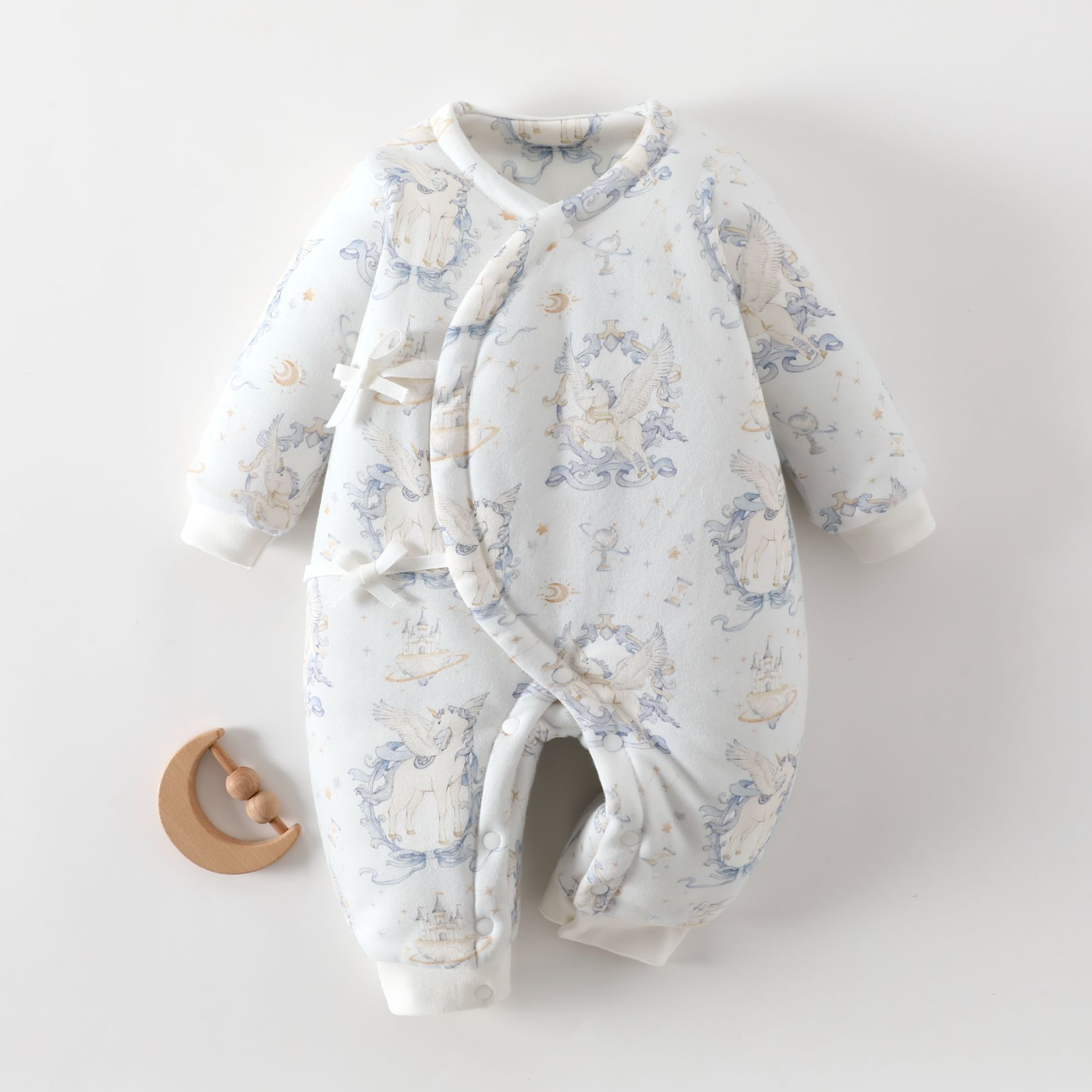 新生儿120克夹棉爬服秋冬哈衣休闲连体衣保暖冬装斜襟系带加厚