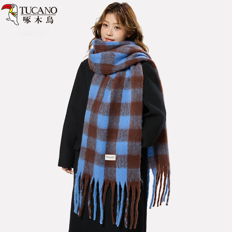 啄木鳥2025春蓝棕格子围巾女加厚保暖百搭高级感披肩围脖男生秋季
