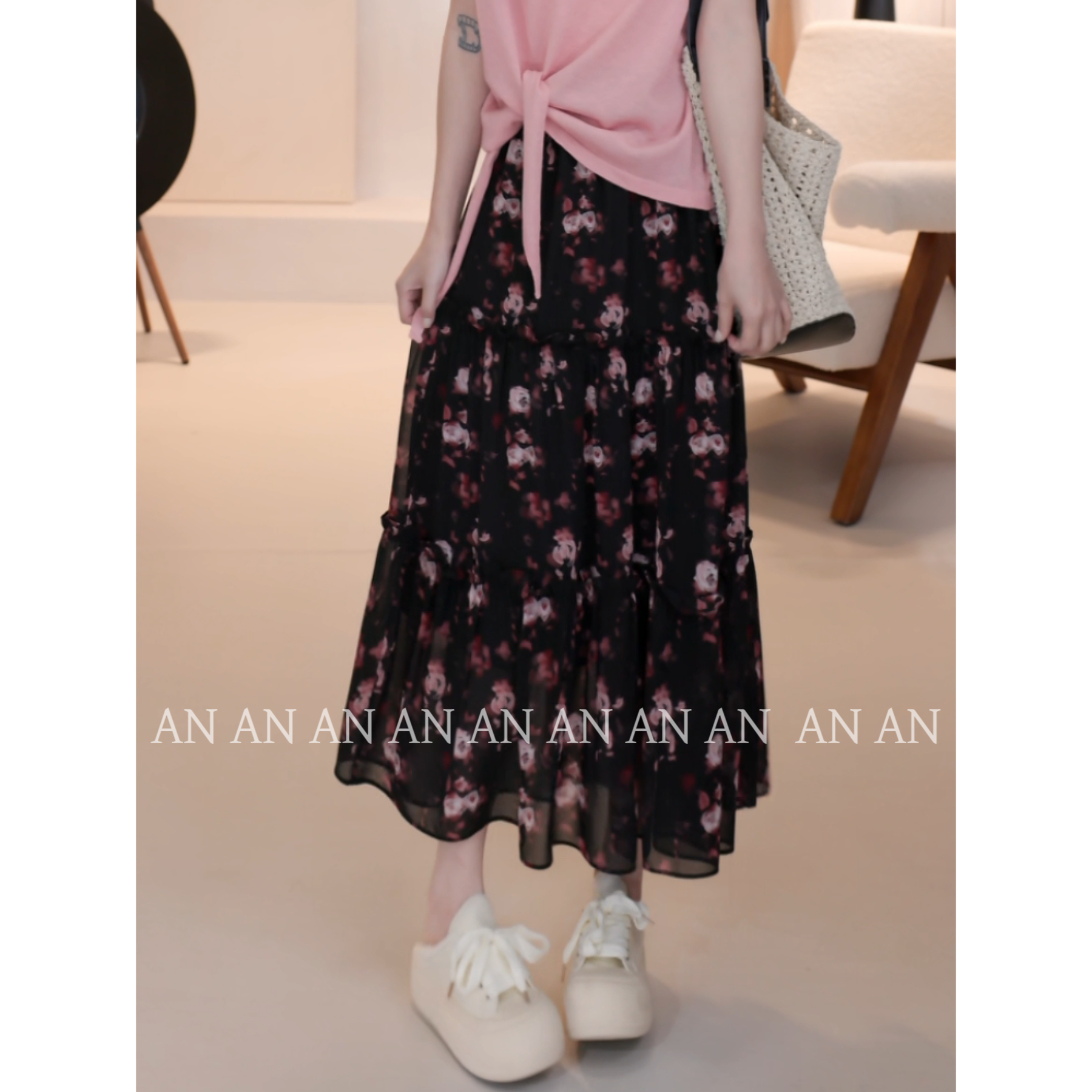 C05276小清新温柔风浪漫显瘦中长款遮胯木耳边碎花半身裙