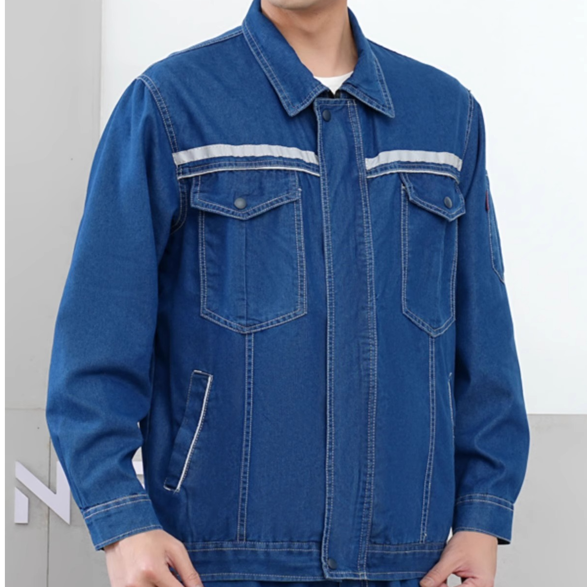 夏季薄款纯棉牛仔工作服套装拉链耐磨电焊工地劳保服焊工电力男装