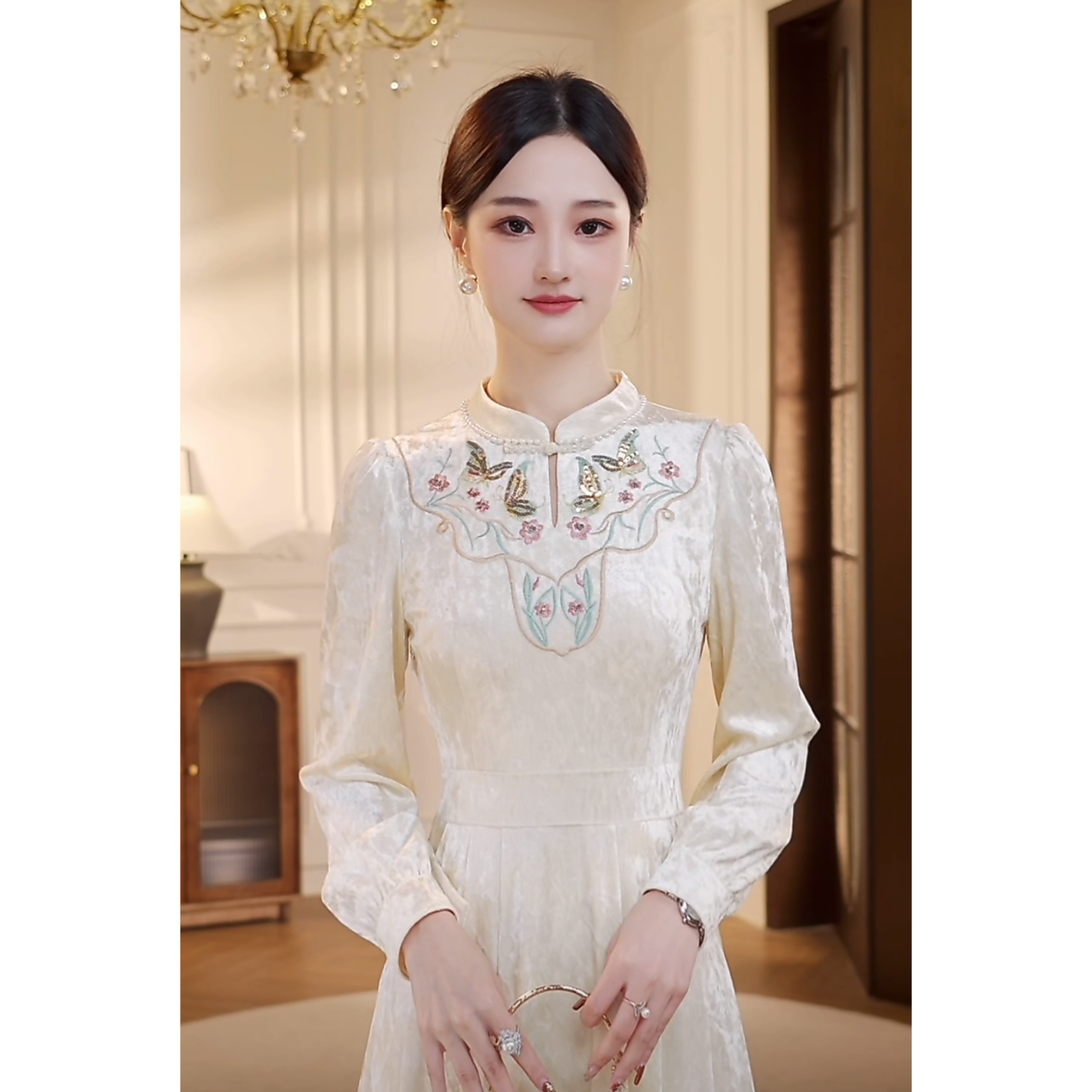 【梦梦&GERTC】花须蝶芒 新中式冬季优雅长袖气质连衣裙 XJ244L1141