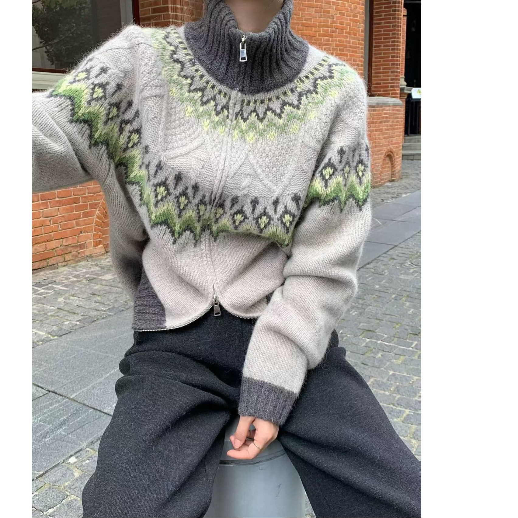 费尔岛女拉链北欧风打底立领毛衣针织衫开衫显瘦外套
