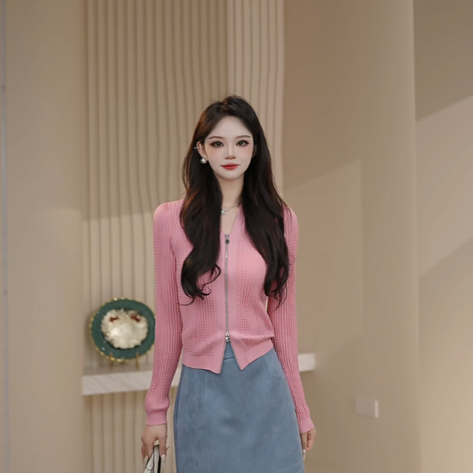 AMASS/阿玛施早春新款外套极简风气质百搭针织衫拉链开衫548026