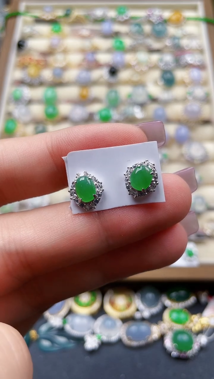 银S925镶嵌翡翠耳饰156