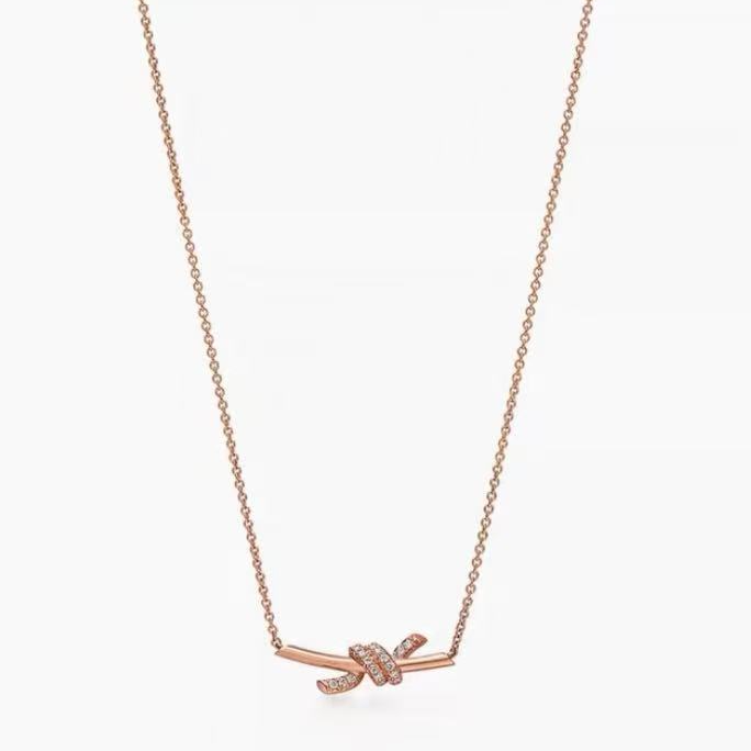 99新 Tiffany & Co./蒂芙尼  18k玫瑰金knot半钻小号项链