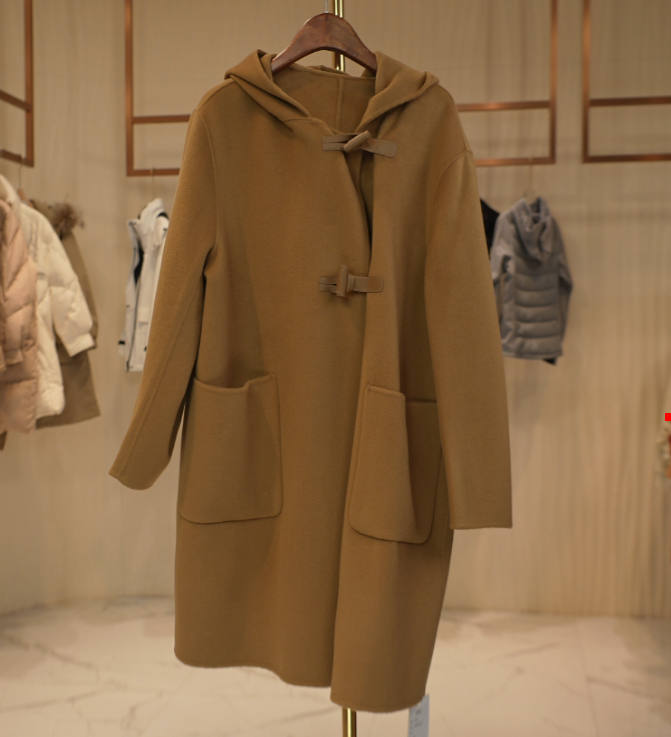 C013 C系列设计师款袢扣中长连帽轻奢山羊绒双面呢大衣 YJ8602