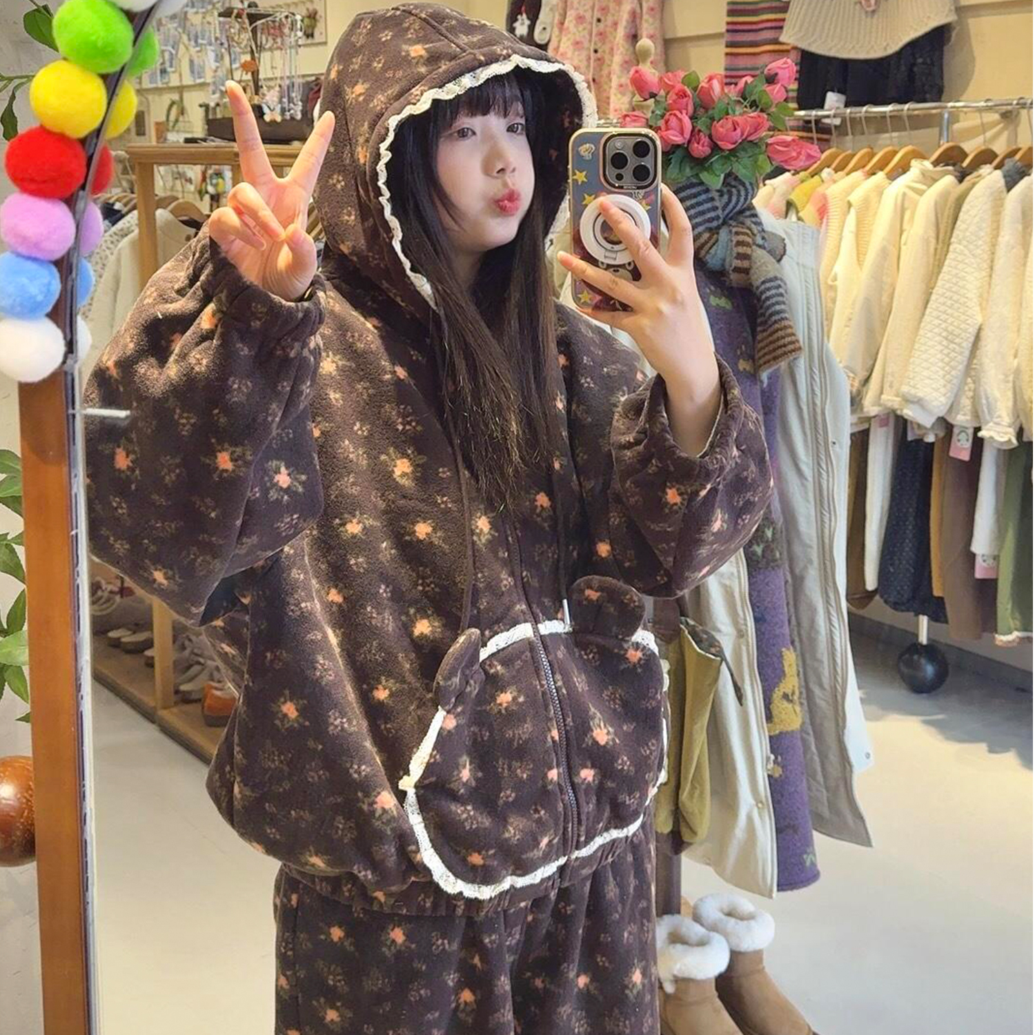 甜美碎花冬季新款珊瑚绒长袖睡衣女连帽开衫加厚毛茸茸家居服套装