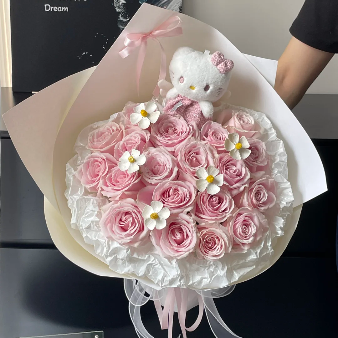 哇！超可爱的KT猫花束❤19枝粉玫瑰KT猫玩偶鲜花花束·送闺蜜朋友爱人生日鲜花表白鲜花全国同城鲜花小时达
