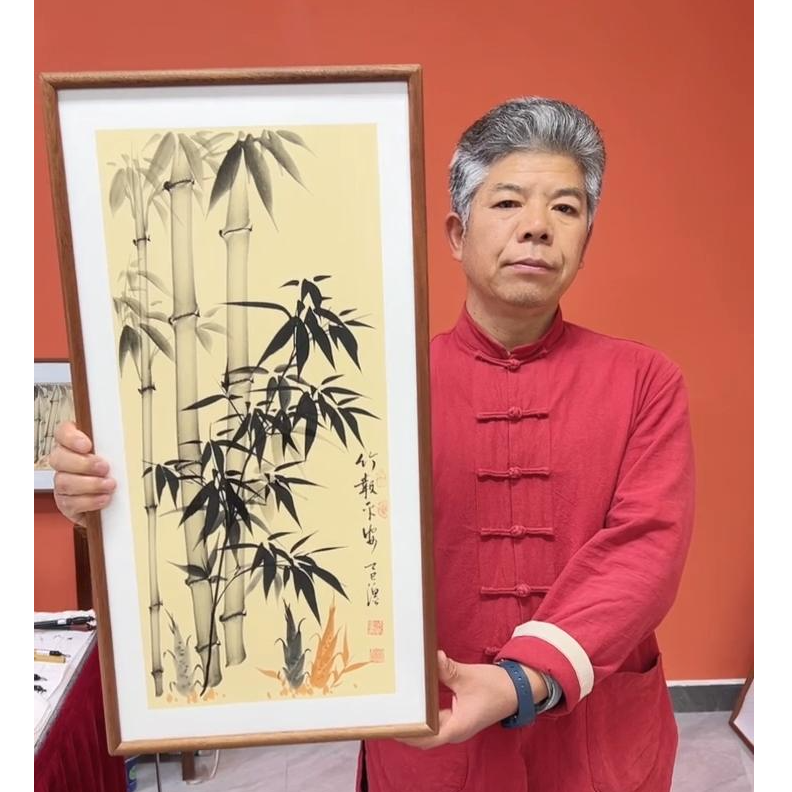 张富民手绘作品/竹报平安（乌檀木实木框）（竖版）/36*69厘米左右