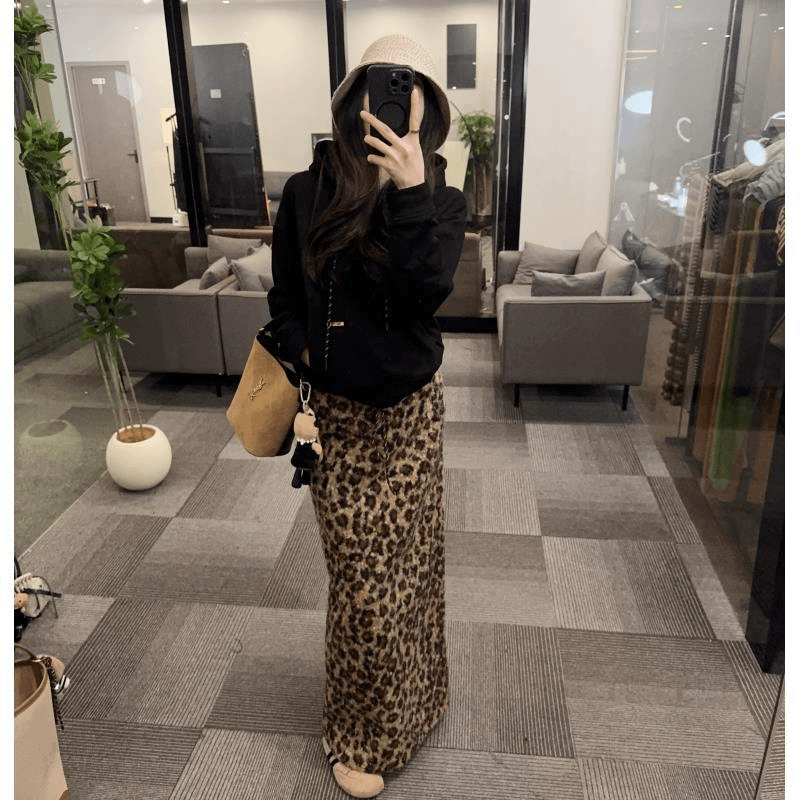 豹纹高腰长裙2025年冬季新款时尚休闲连帽卫衣套装