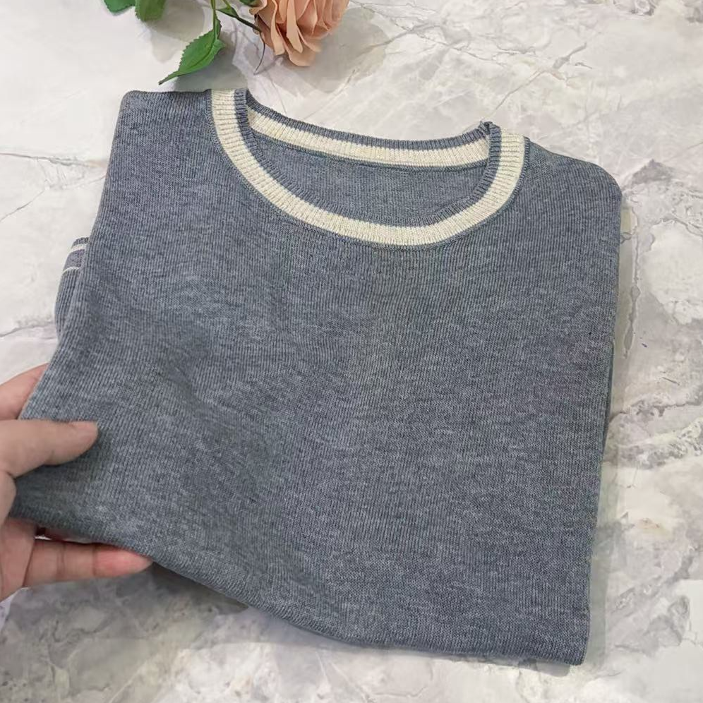 灰色~苎麻圆领休闲百搭韩范短袖针织女夏季上衣