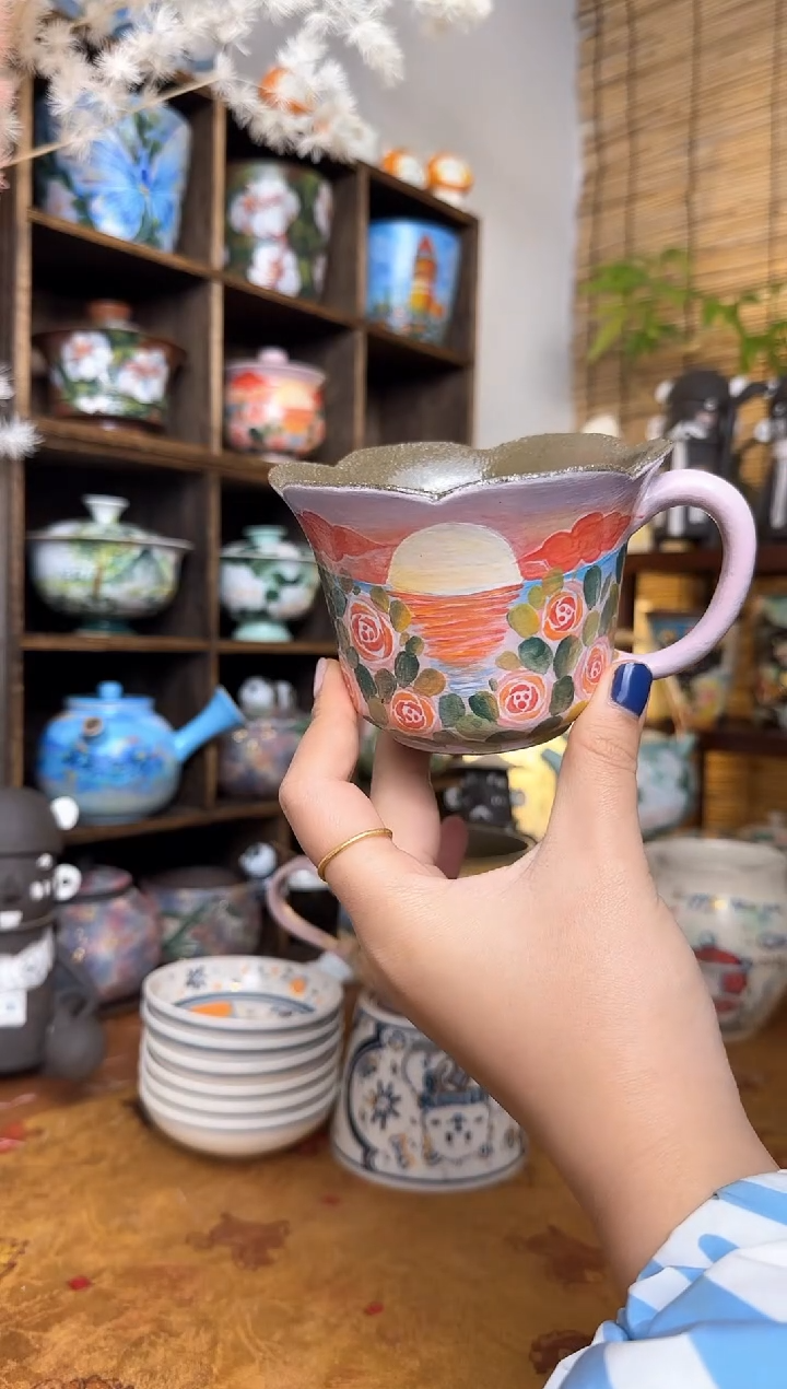 【闪购商品】石一手绘落日玫瑰咖啡杯