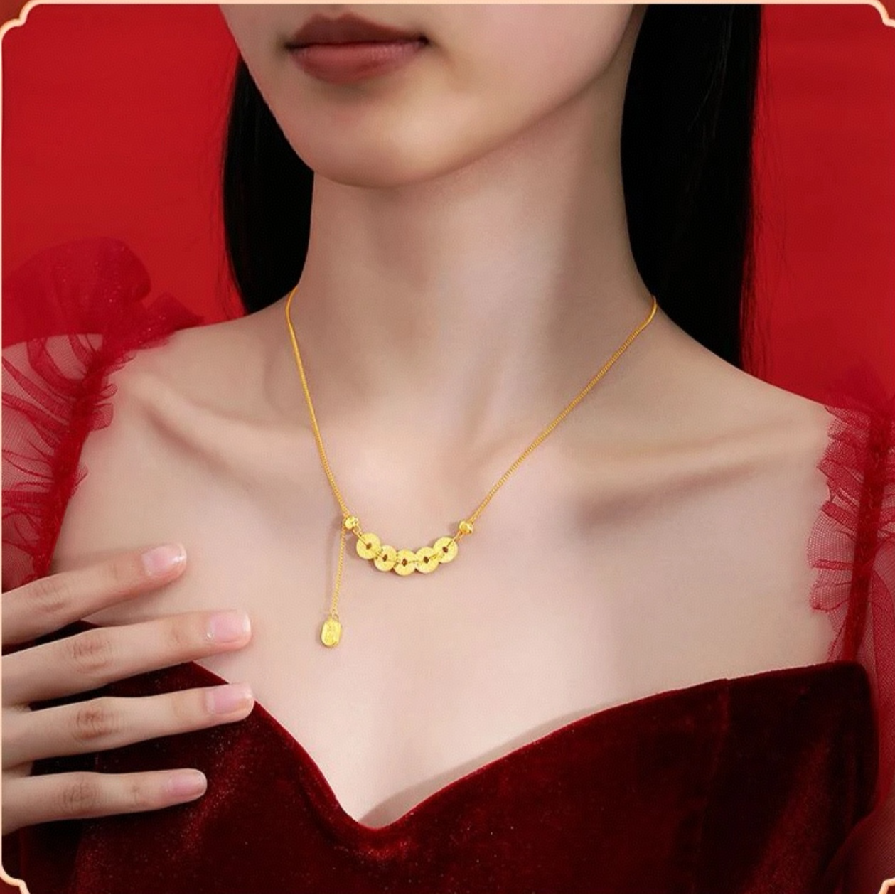 铜合金项链 【高定】碎冰冰五帝钱币项链女款轻奢项链SKFJ-11135