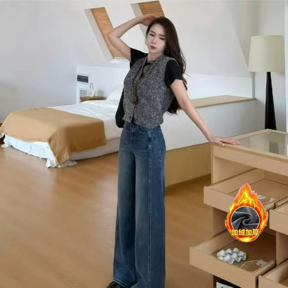【加绒加厚】A005#冬季新款加绒加厚弯刀设计窄版直筒阔腿牛仔裤女