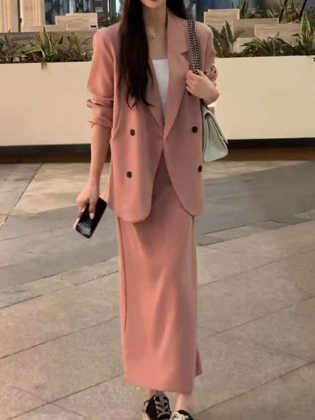 2025新款春季时尚休闲气质设计感显瘦西装半身裙两件套女遮肉套装