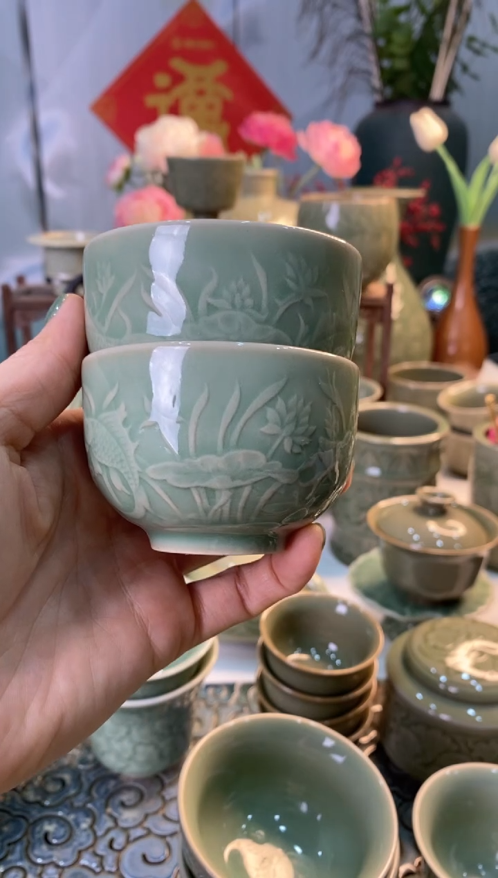 【闪购商品】微瑕开片TS041莲纹鱼小缸杯【2只】