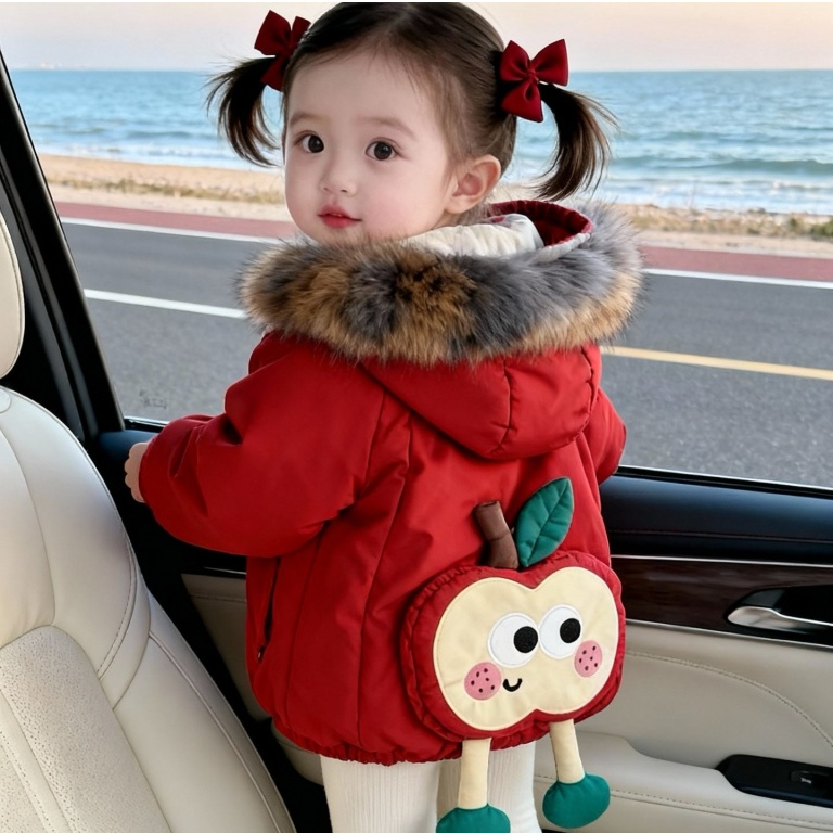 连帽A类卡通中长款韩版棉服棉袄加绒棉衣女童洋气