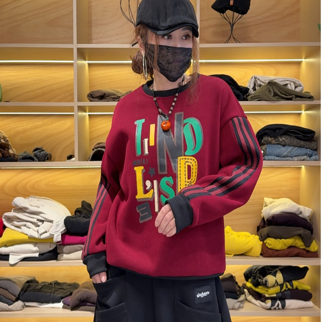 53765冬季潮牌加绒加厚减龄时尚圆领字母卫衣