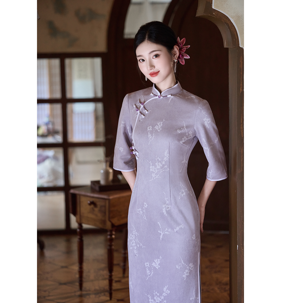2025年新款秋季复古中长款旗袍七分袖日常麂皮绒旗袍中长款优雅