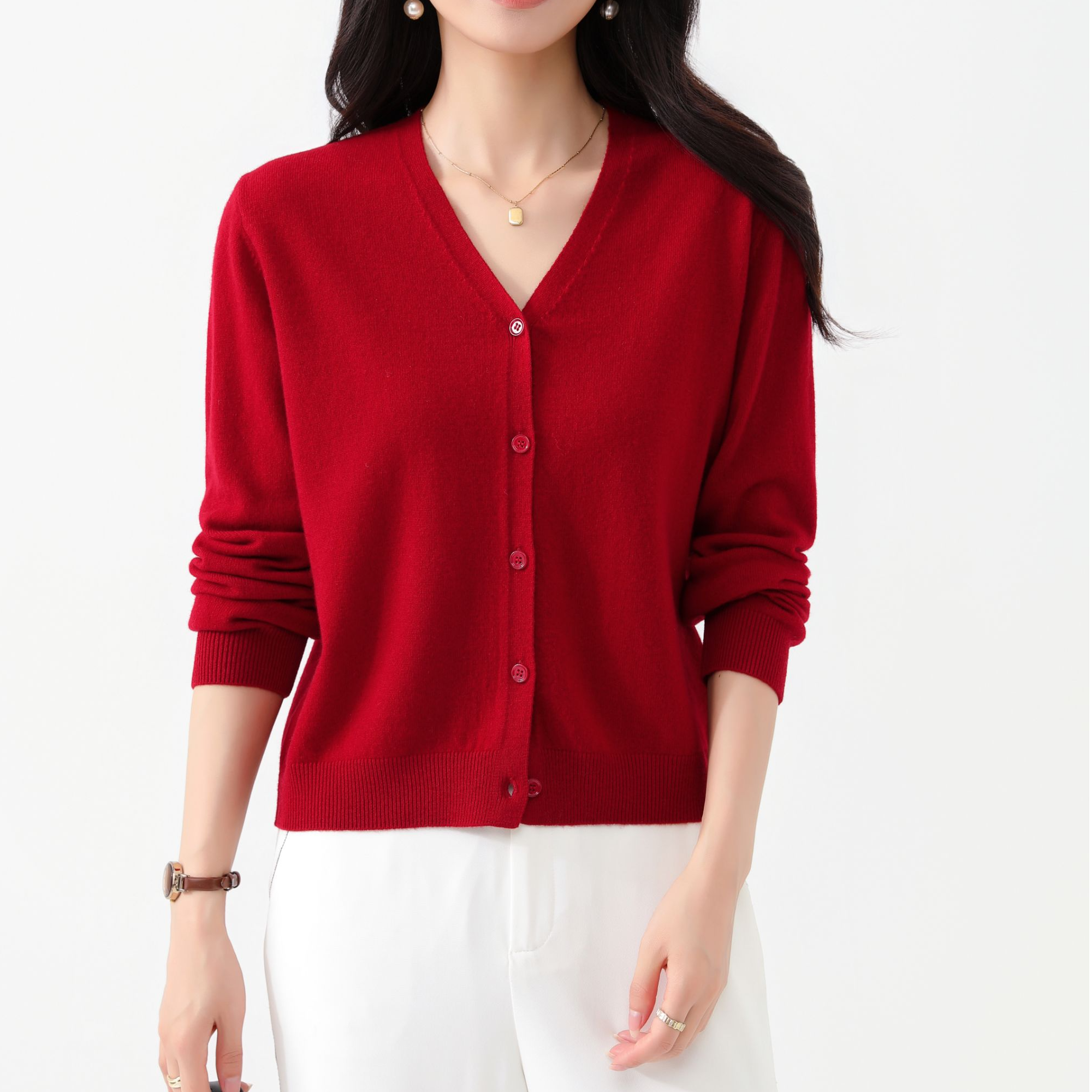 【甄织澜】纯色V领开衫【100%绵羊毛】春秋时尚修身针织羊毛衫8191