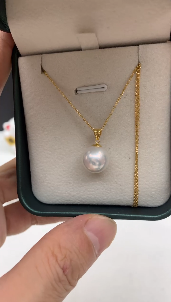 18K金镶嵌ff淡水珍珠白珠吊坠(赠链）d029（11~12mm）
