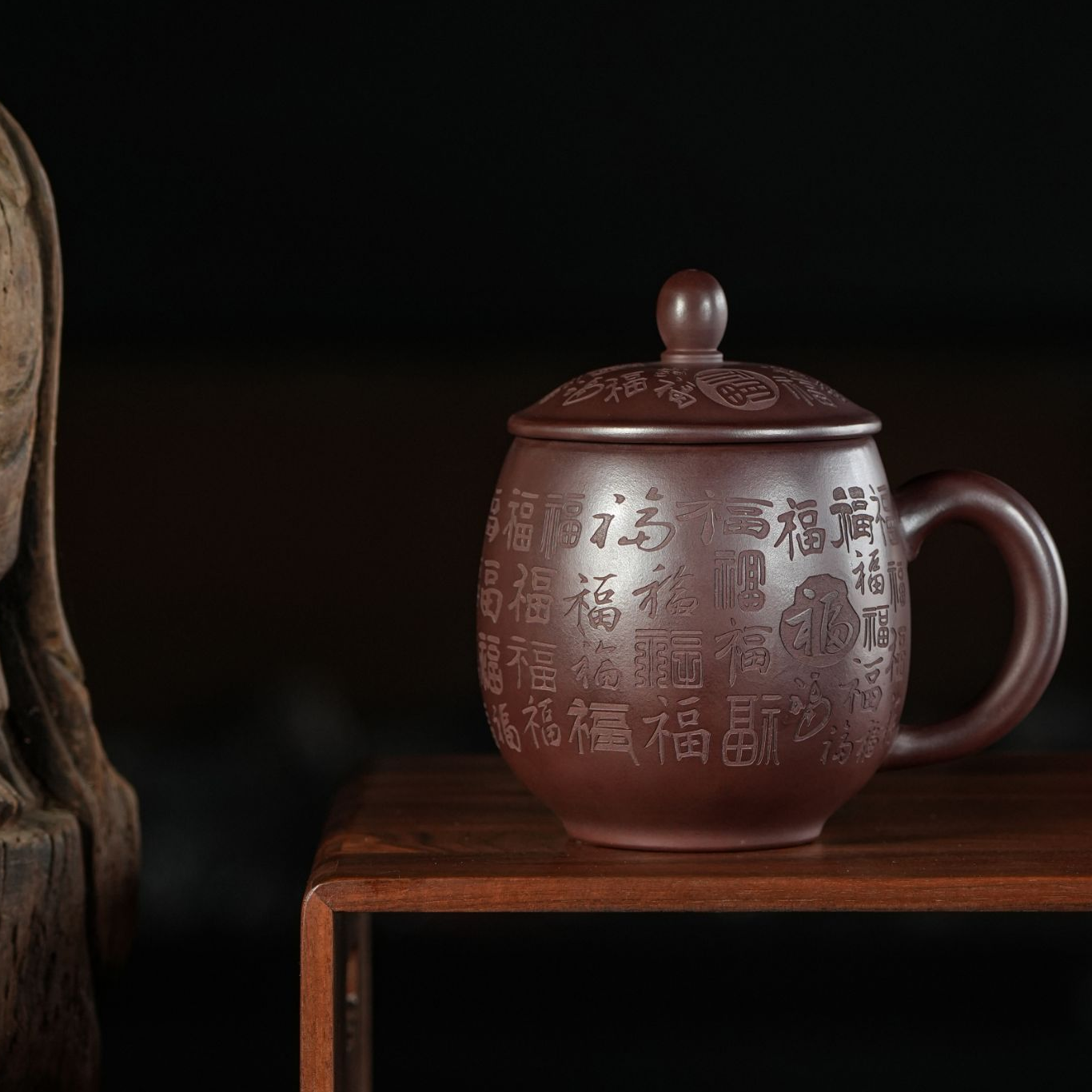 宜兴原矿紫砂石红刻绘百福盖杯办公杯家用办公茶具