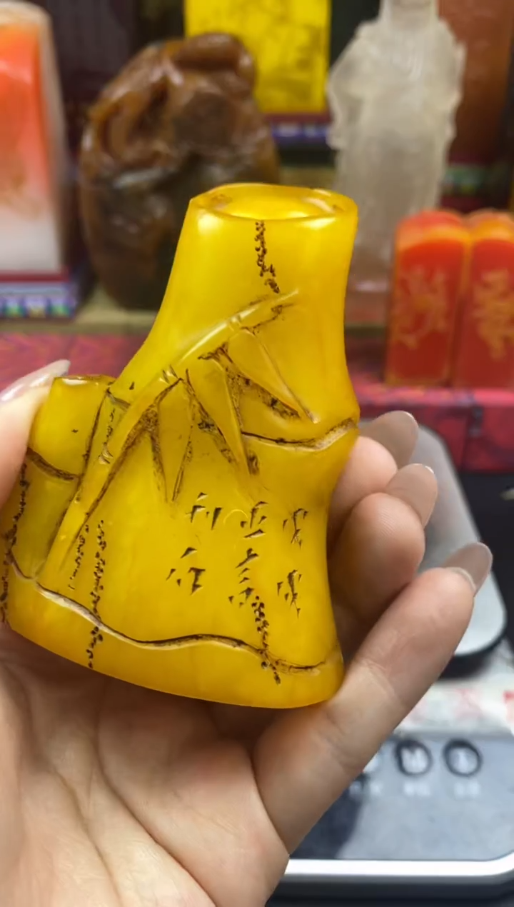 寿山石印石鸡油黄双生竹节随形印-静心