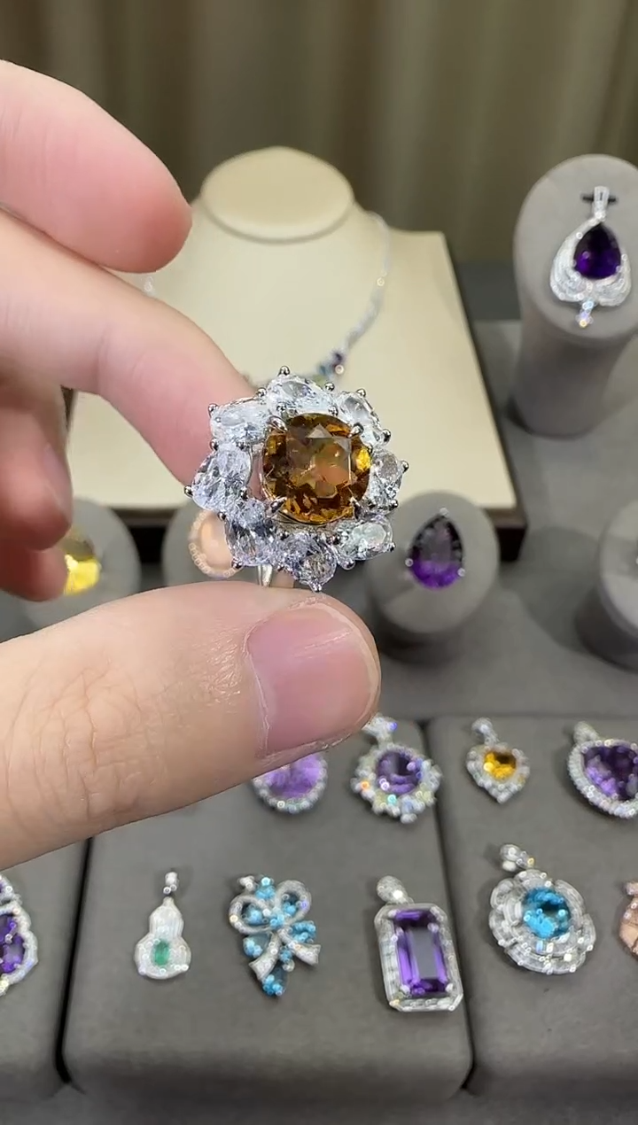 银S925镶嵌戒指黄晶10mm戒指设计款