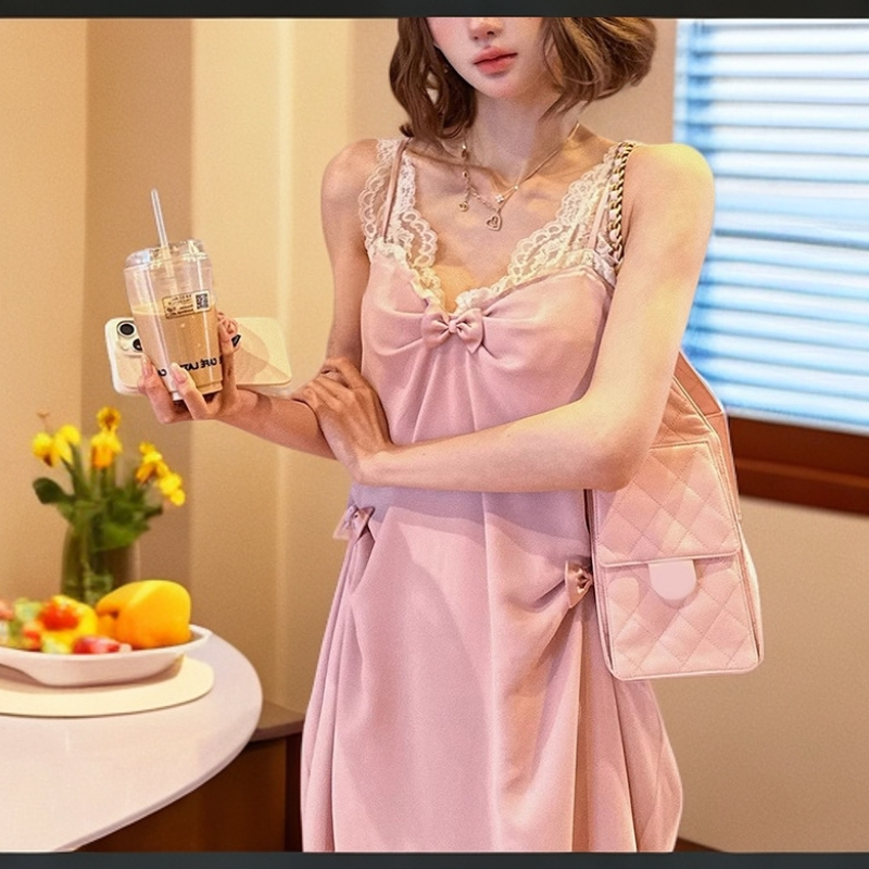 旅游度假 贮 麻蝴蝶结上衣纯欲小衫夏款蕾丝绣花长裙宽松腰吊带裙