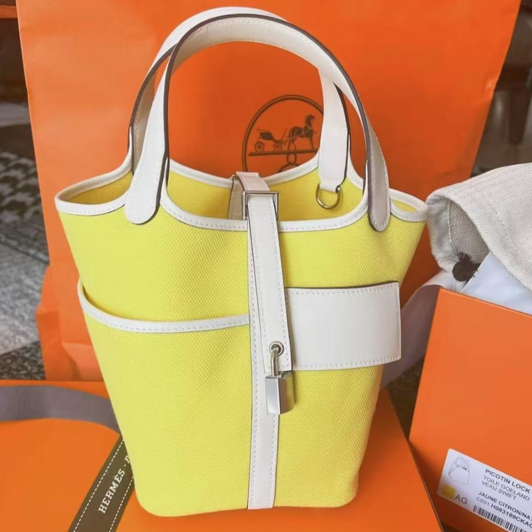 99新 Hermes/爱马仕 菜篮子18 柠檬黄 拼 奶油白 帆布 银扣 U刻