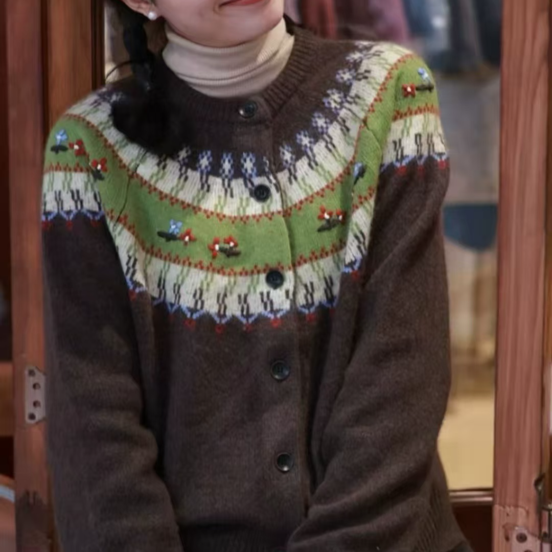 费尔岛风冬季圆领提花针织衫