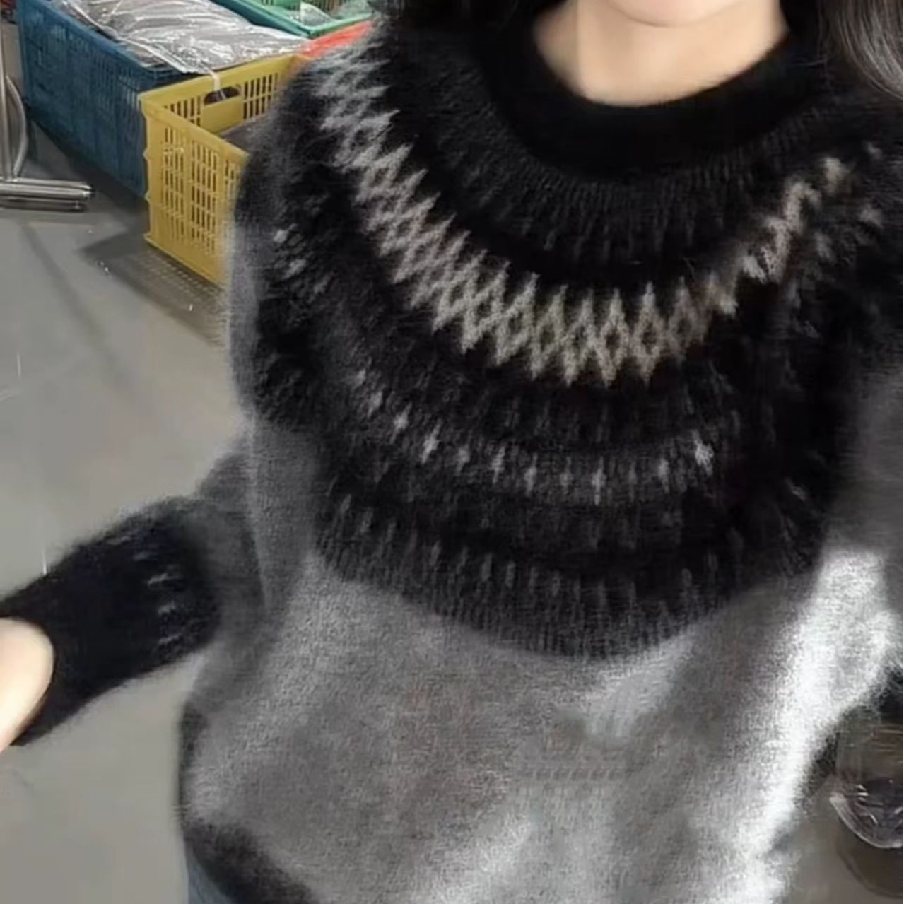 简爱-大角羊拉绒[黑凤凰]费尔岛提花圆领套头宽松长袖针织毛衣