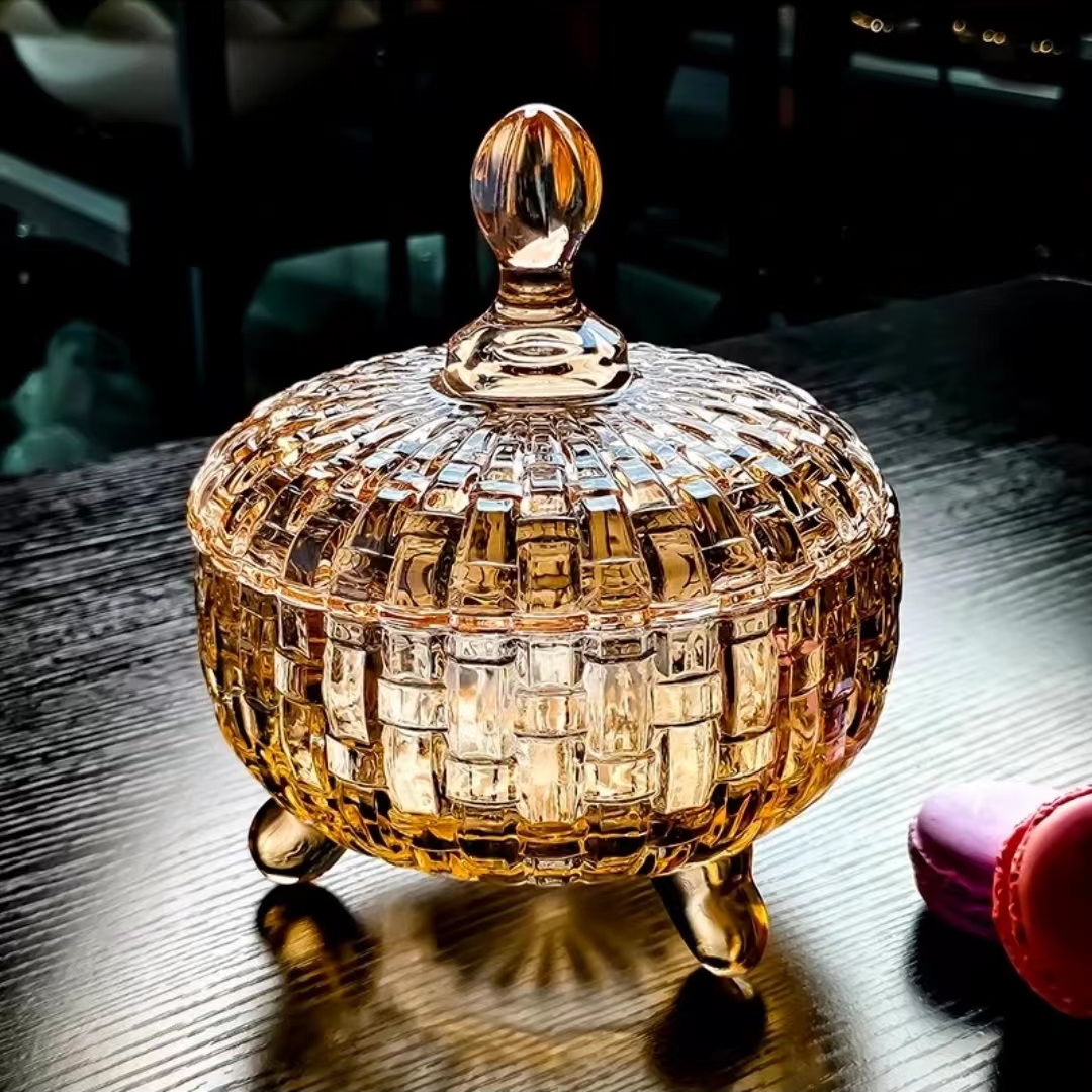 两只装欧式琥珀玻璃糖果盒创意水果盘收纳罐玻璃糖罐储物罐家用