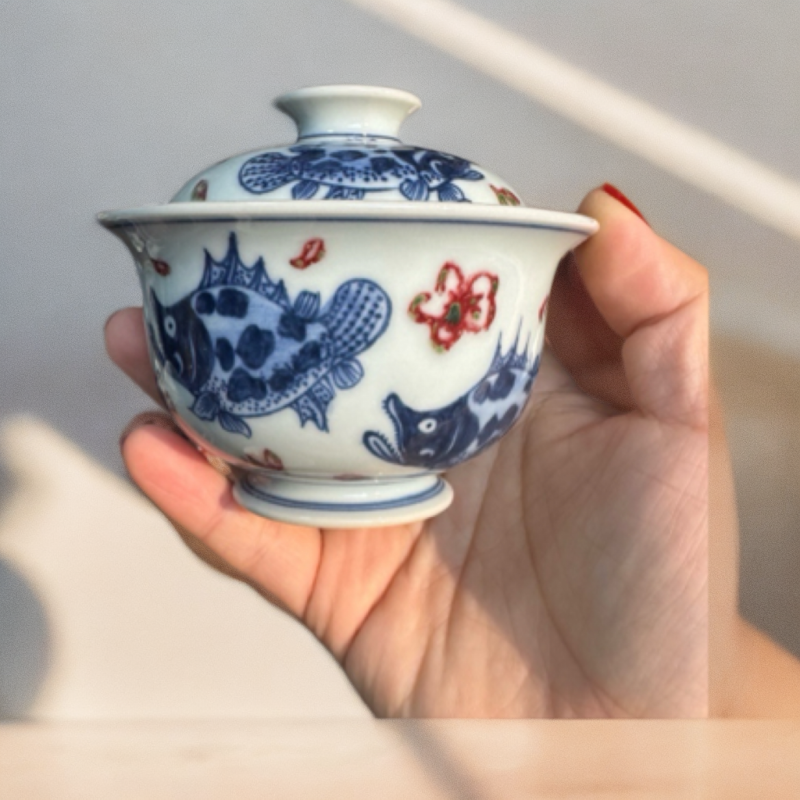 景德镇手工绘青花釉里红桃花鳜盖碗（超7天无理由售后不退换）