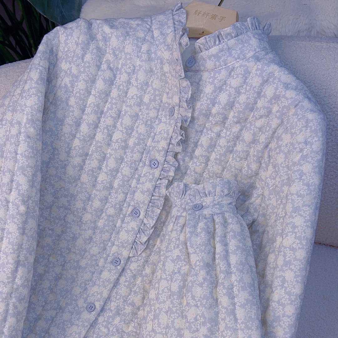马CS1319纯棉加厚碎花木耳领长袖夹棉衬衫秋冬保暖气质花苞袖上衣