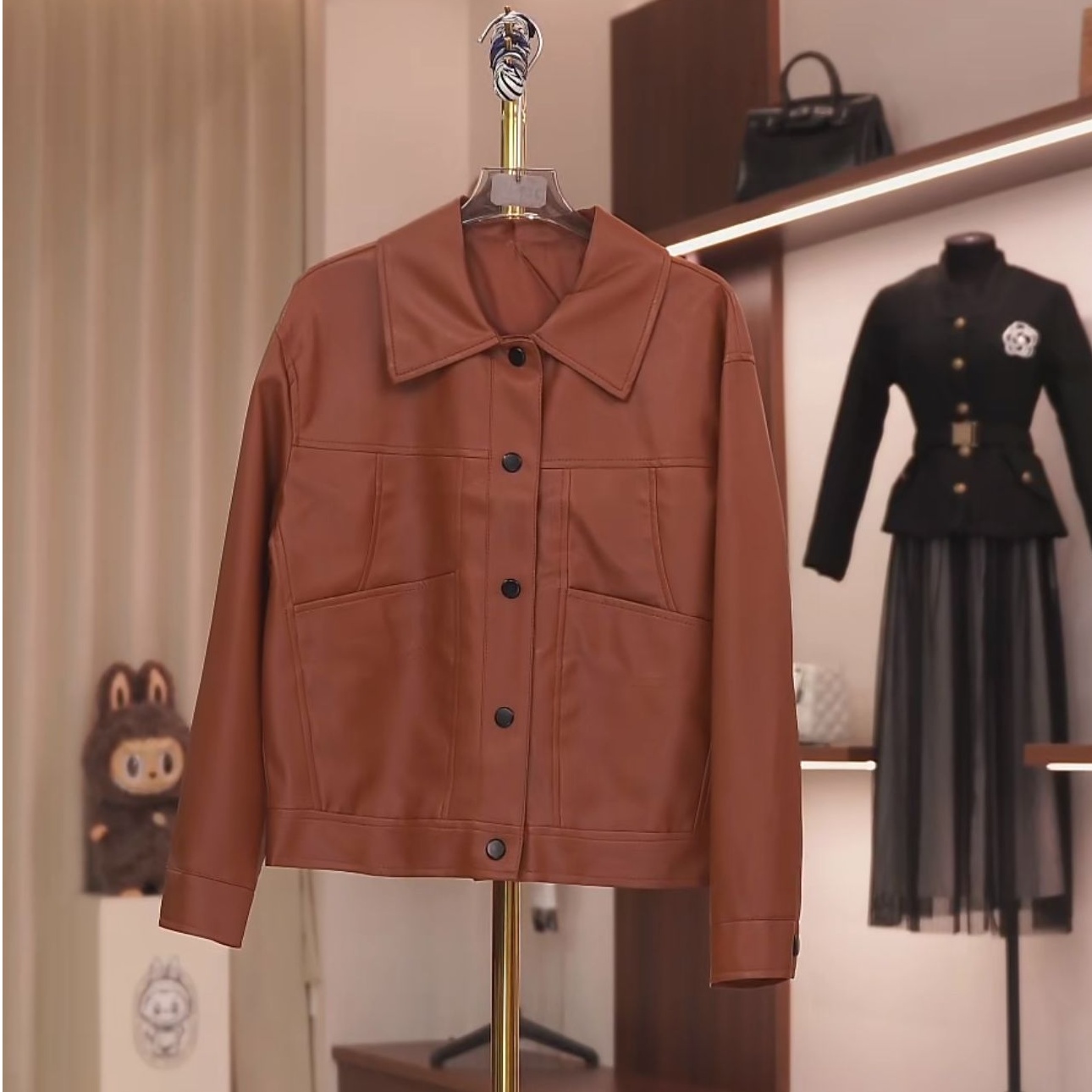 常规纽扣薄款春季方领极简风皮衣短外套宽松百搭女士kk168