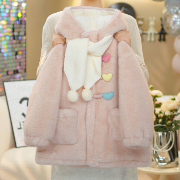 2025女童秋冬新款浅粉色爱心扣时尚甜美可爱毛呢加绒加厚外套8900