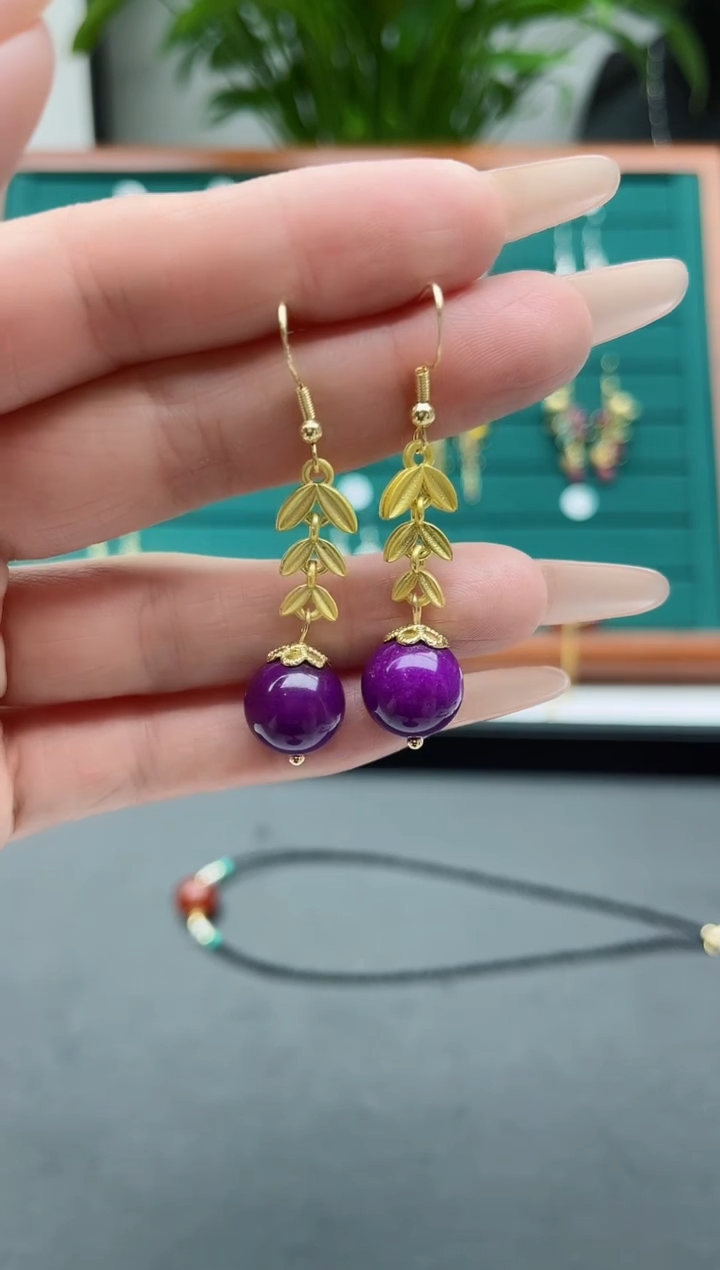 【闪购商品】玛瑙/玉髓耳饰银S925镀金镶嵌039紫