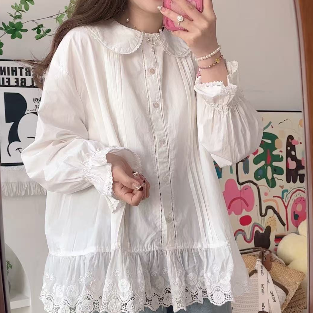 【杨杨推荐】大码长袖衬衫白色2025春季新款压褶蕾丝衬衣百搭甜美